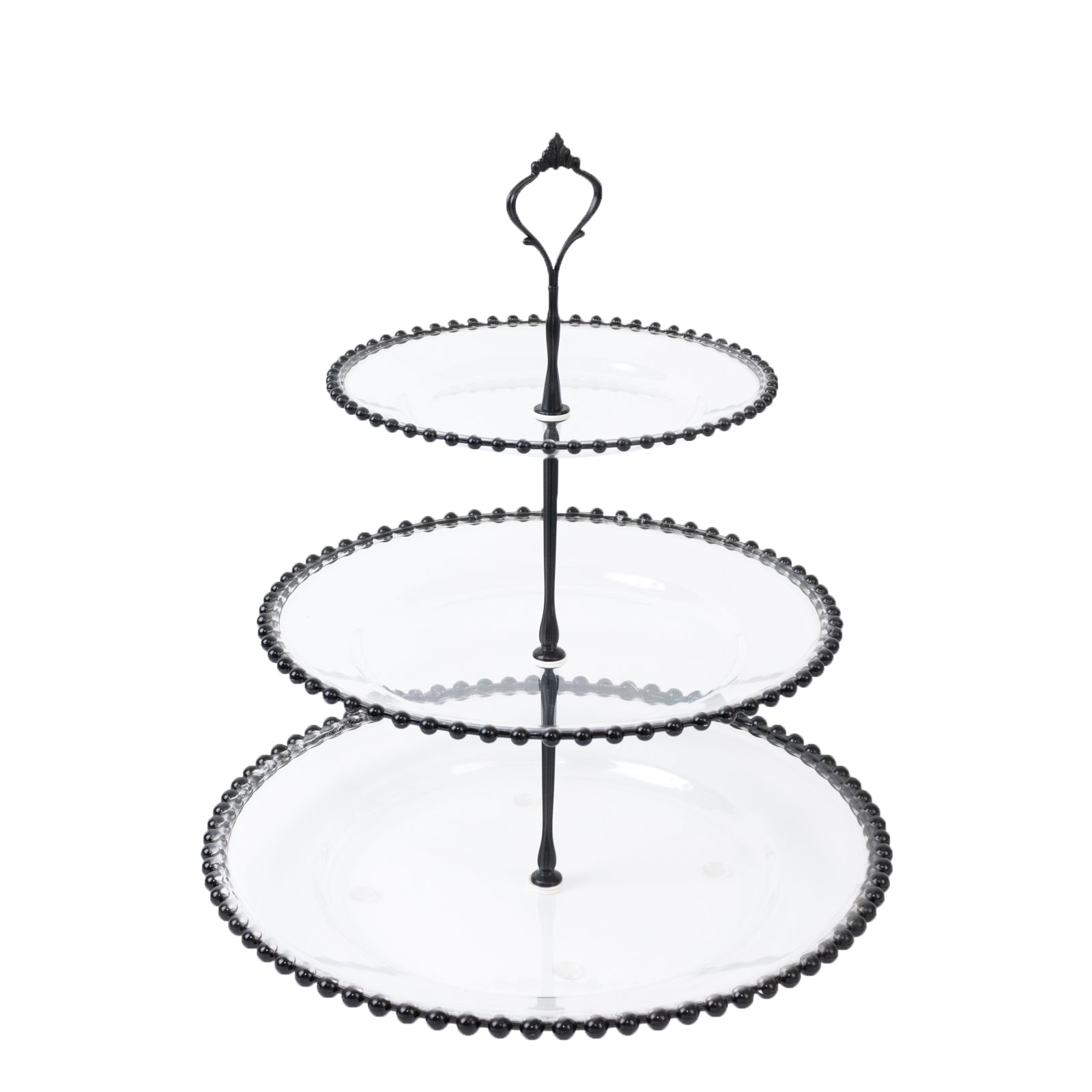 Clear 3-tier dessert display stand with black beaded rim. Perfect for serving cupcakes. #whtbkgd