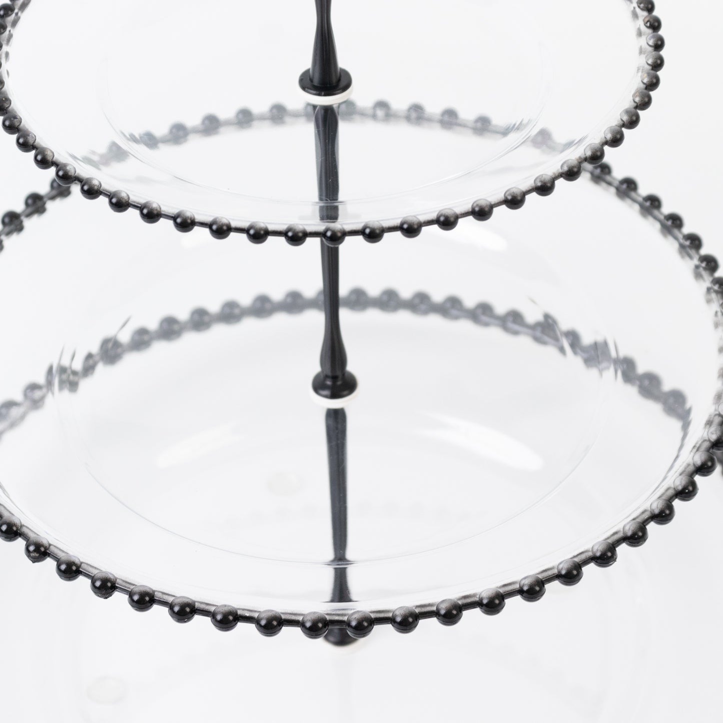 Clear 3-tier dessert display stand with black beaded rim.