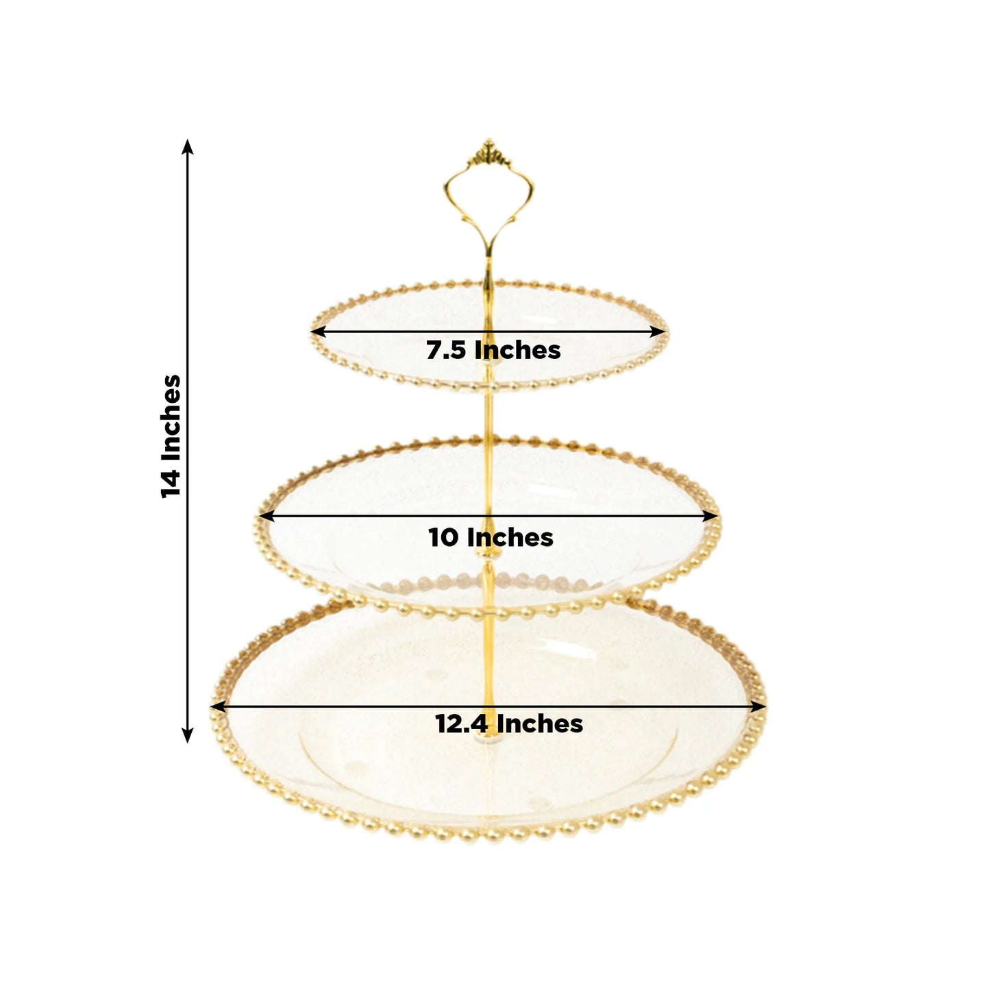 14" clear gold glittered 3-tier dessert stand with beaded rim and top handle.