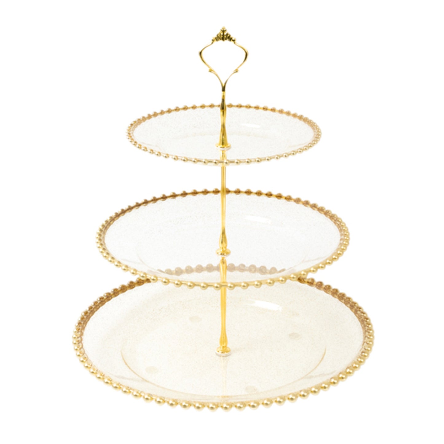 14" clear gold glittered 3-tier dessert display stand with gold beaded rim.