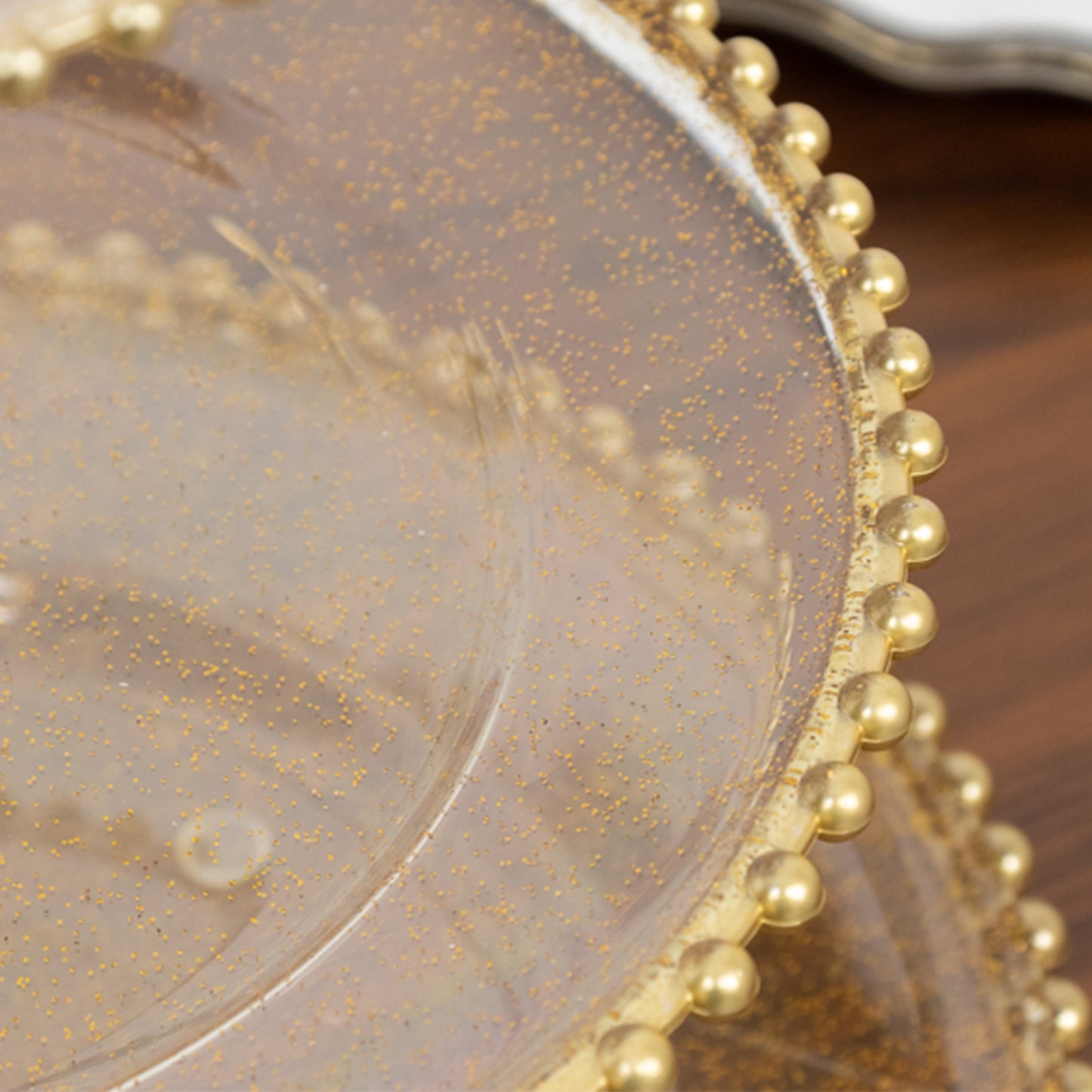 Clear gold glittered 3-tier dessert display stand with beaded rim.