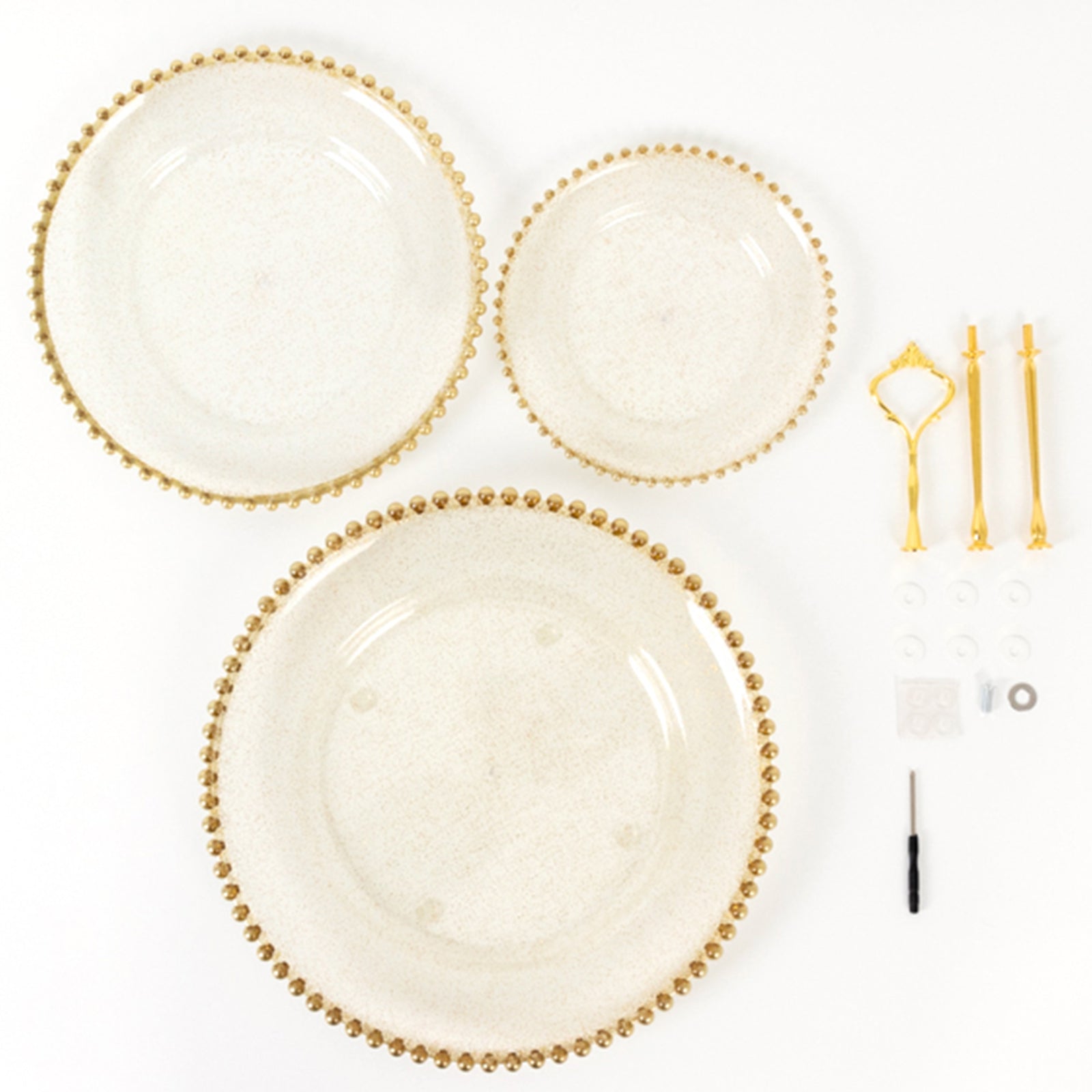Clear gold glittered 3-tier plastic dessert display stand with beaded rim.