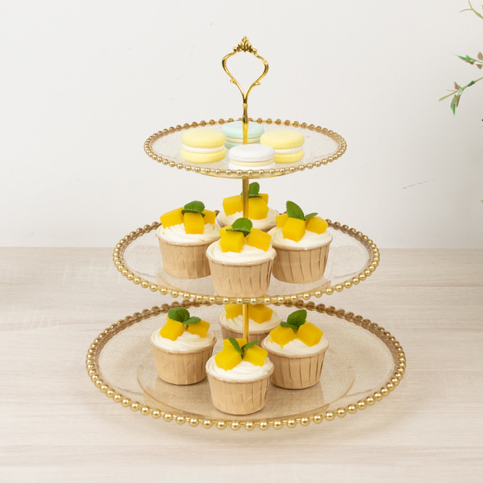 14" clear gold glittered 3-tier dessert display stand with gold beaded rim.