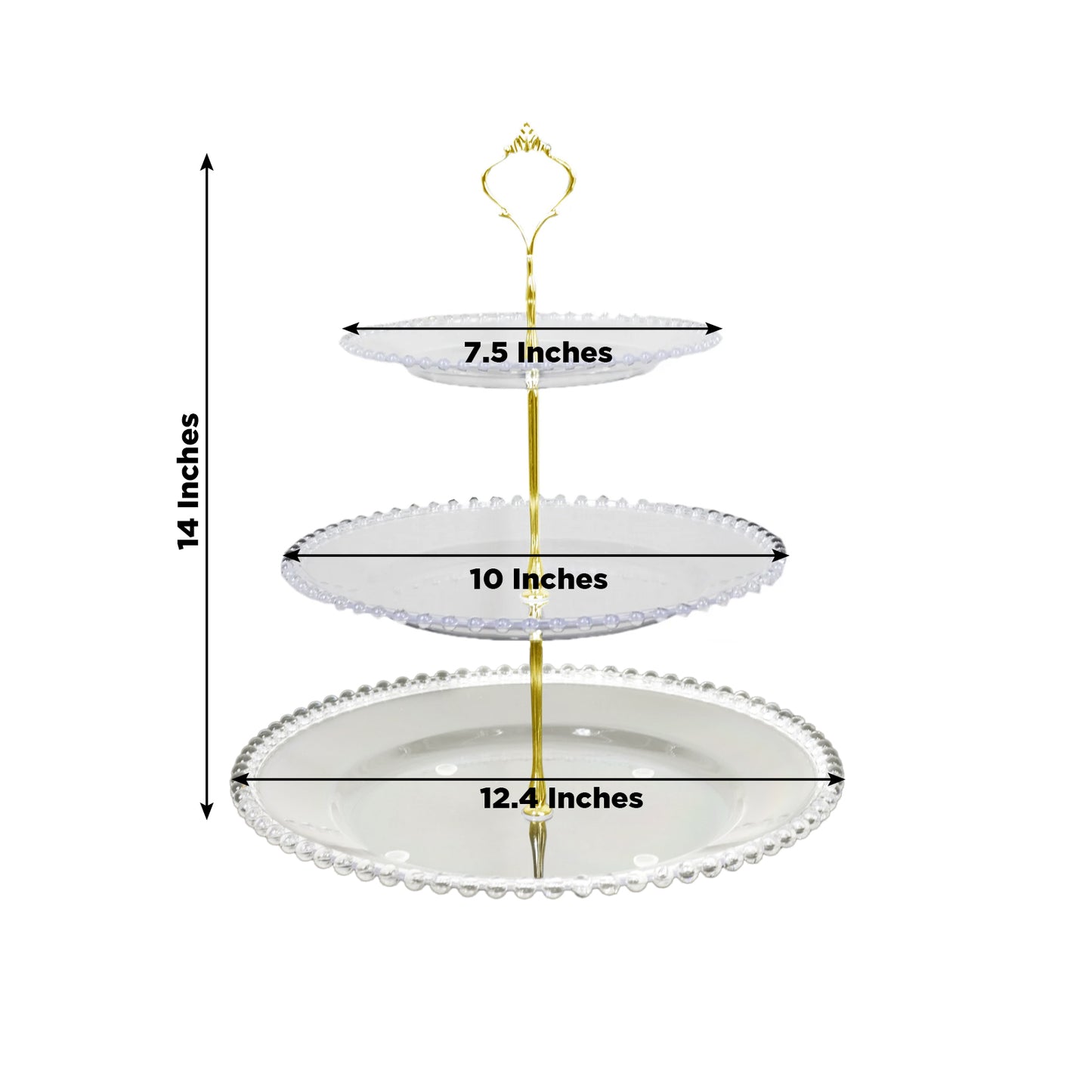 Clear 3-tier dessert display stand with beaded rim and top handle.