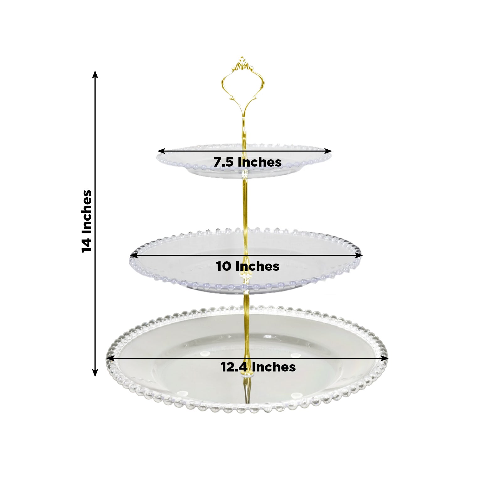 Clear 3-tier dessert display stand with beaded rim and top handle.