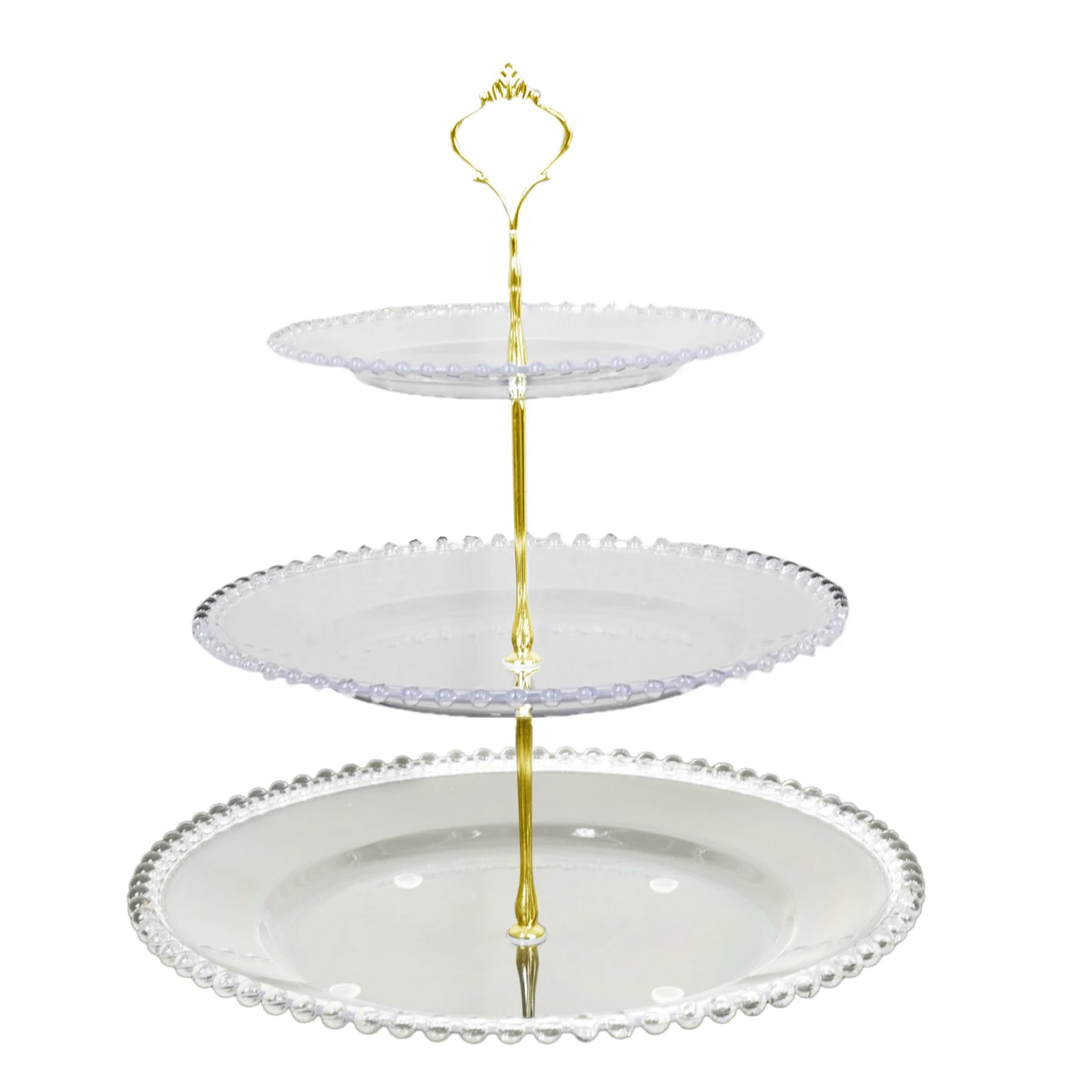 Clear 3-tier plastic dessert stand with beaded rim and top handle.