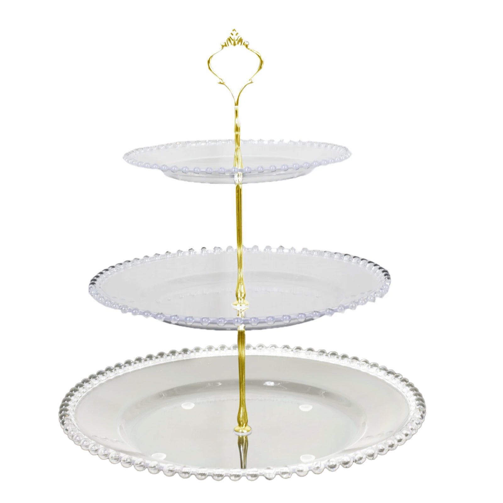 Clear 3-tier plastic dessert stand with beaded rim and top handle.