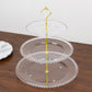 Clear 3-tier plastic dessert display stand with beaded rim and top handle.