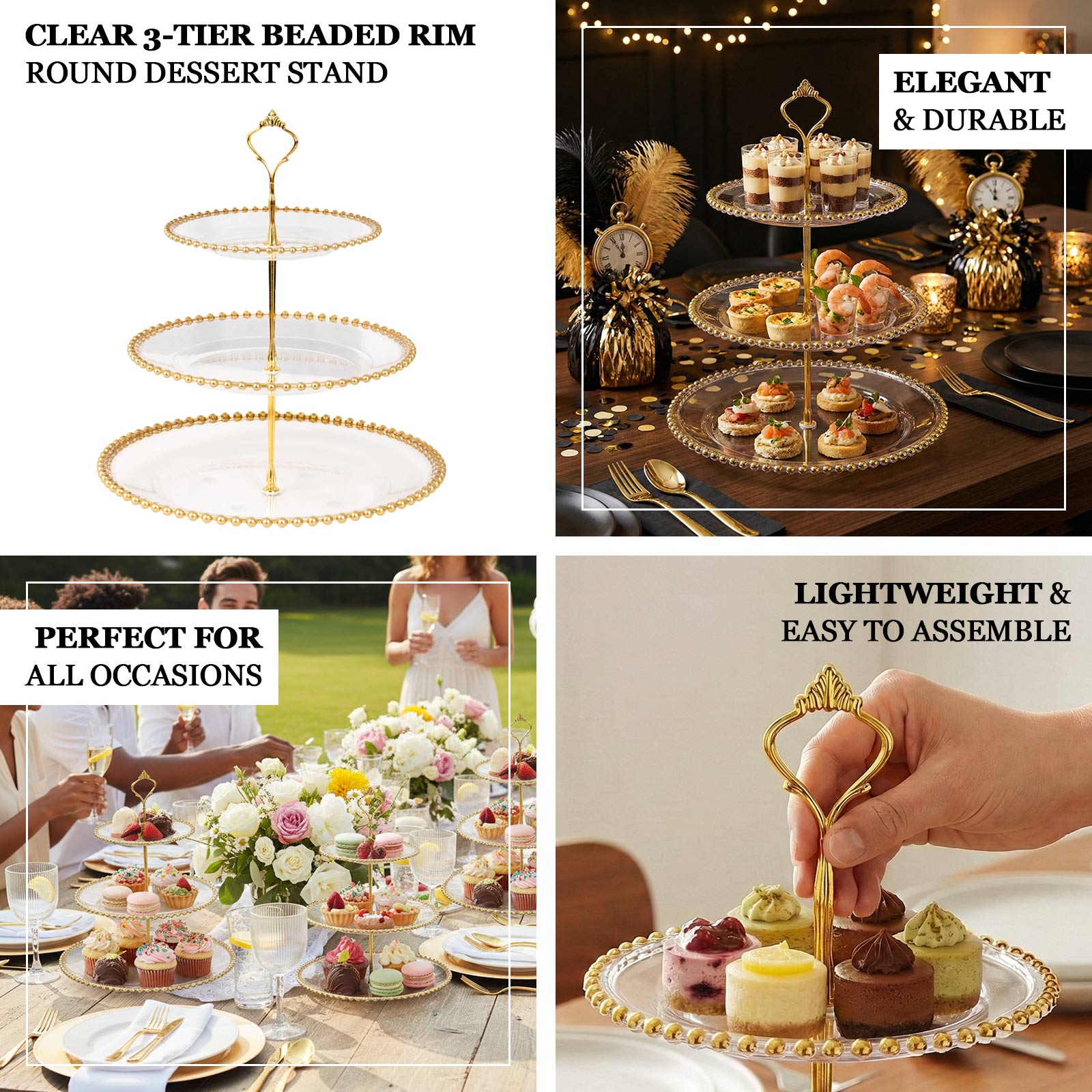 Clear 3-tier dessert stand with black beaded rim for elegant serving.