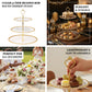 Clear 3-tier dessert display stand with beaded rim and gold accents.
