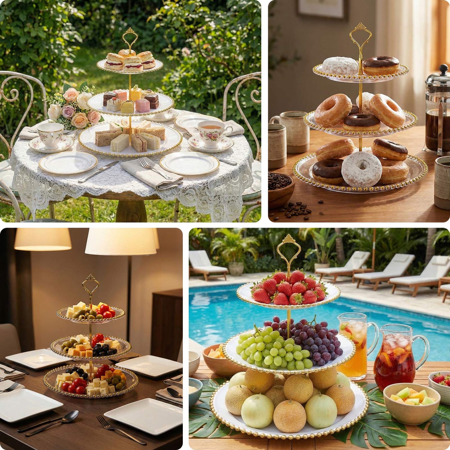 Clear 3-tier plastic dessert display stand with beaded rim, perfect for tea parties.
