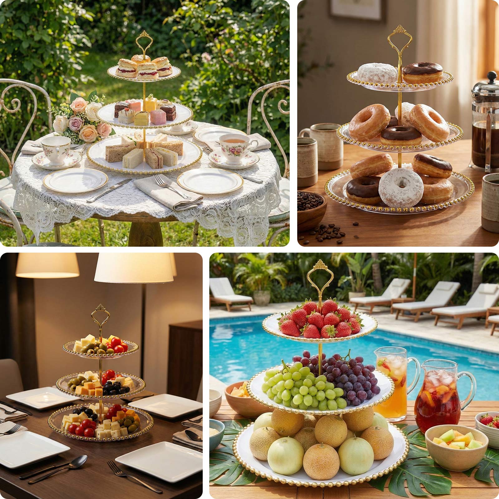 Clear 3-tier plastic dessert display stand with beaded rim, perfect for tea parties.