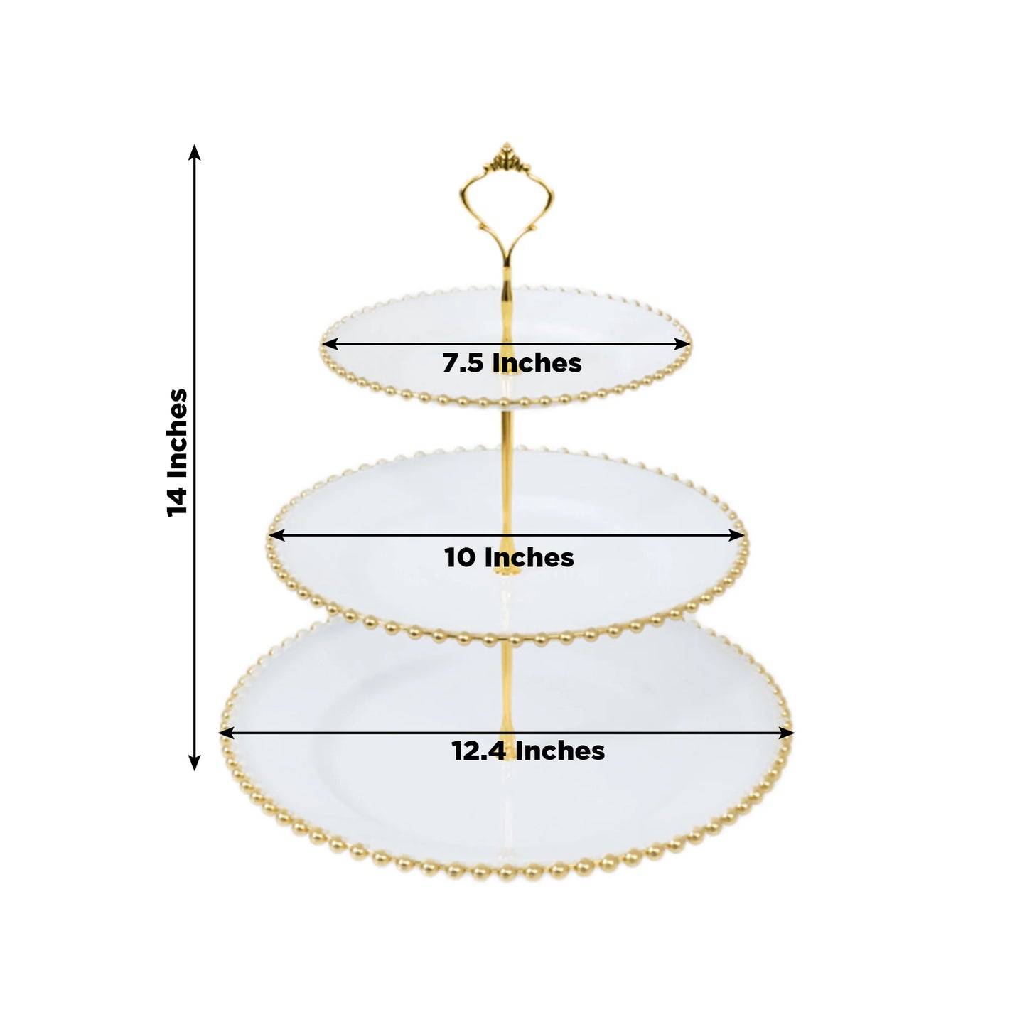 14" white 3-tier dessert display stand with gold beaded rim and top handle.