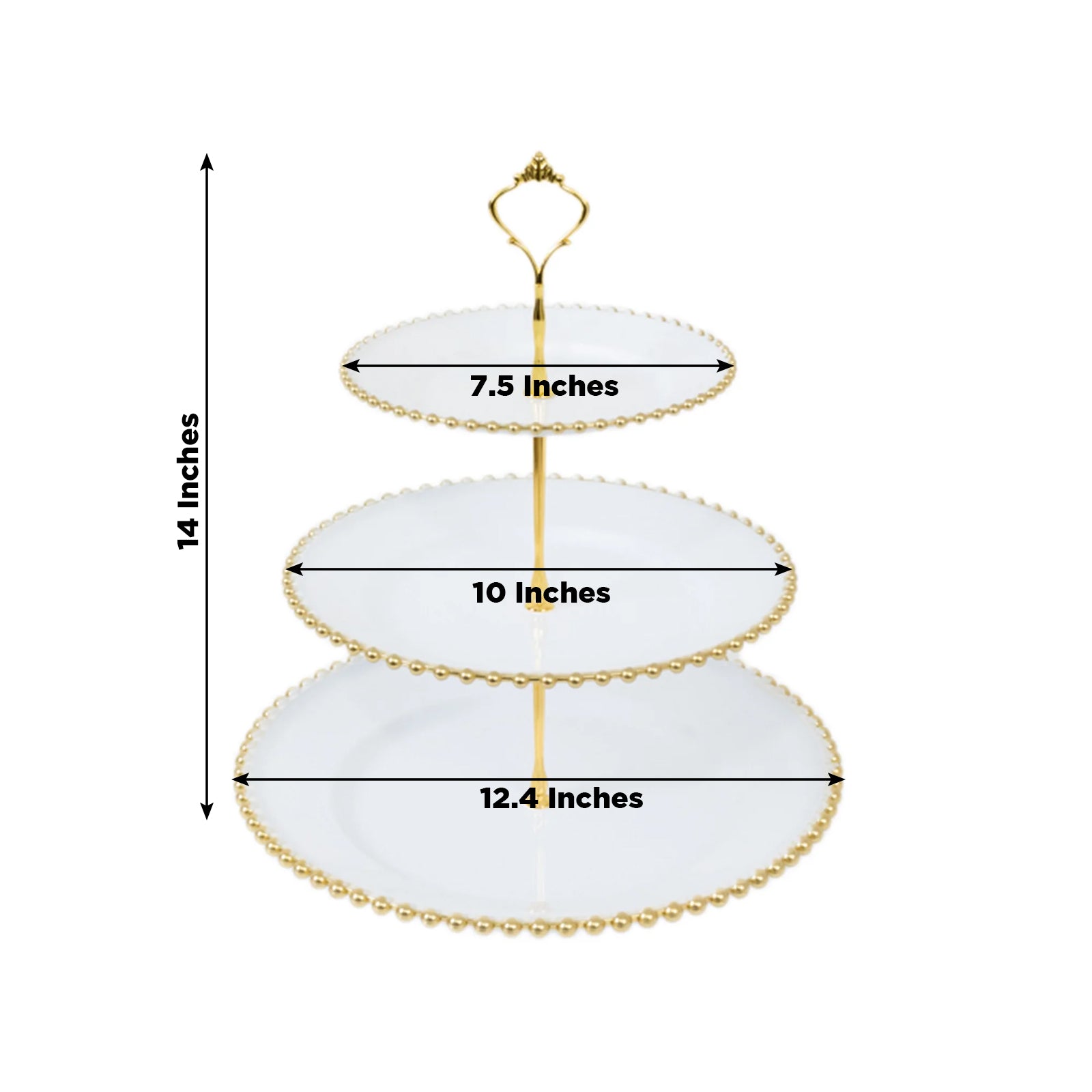 14" white 3-tier dessert display stand with gold beaded rim and top handle.