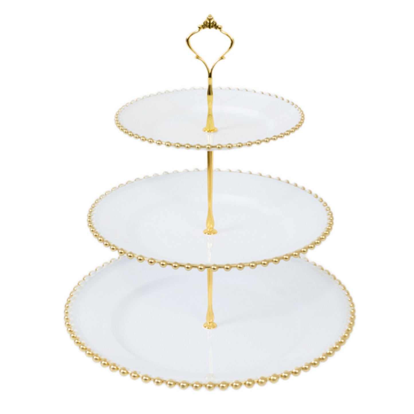 14" white 3-tier dessert stand with gold beaded rim and top handle.
