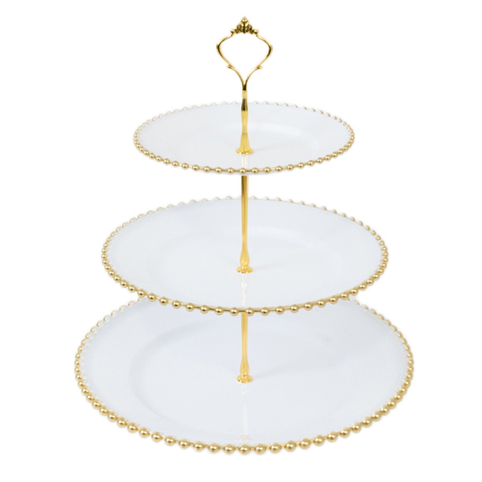 14" white 3-tier dessert stand with gold beaded rim and top handle.