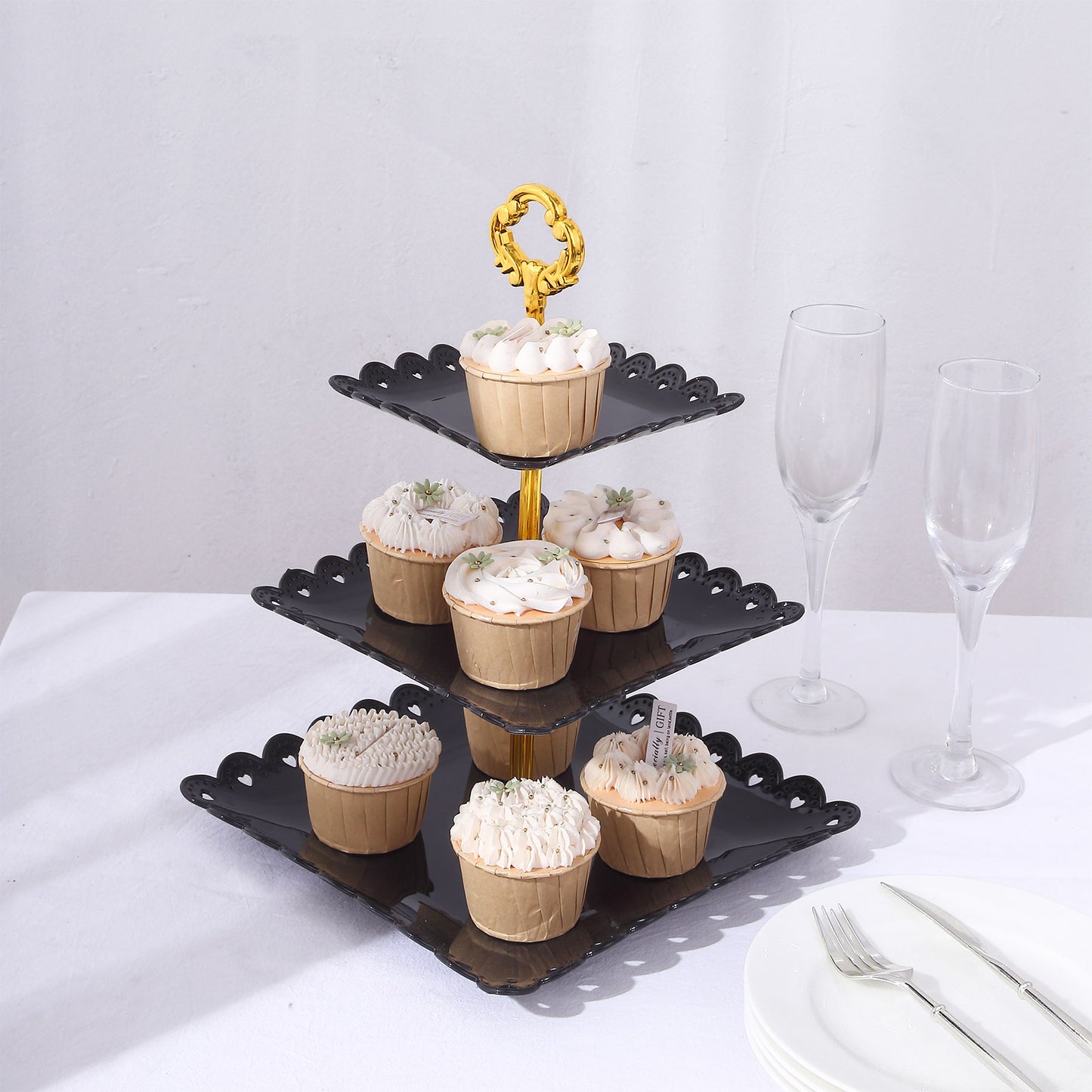 Black gold 3-tier cupcake stand with heart wavy edge and top handle.
