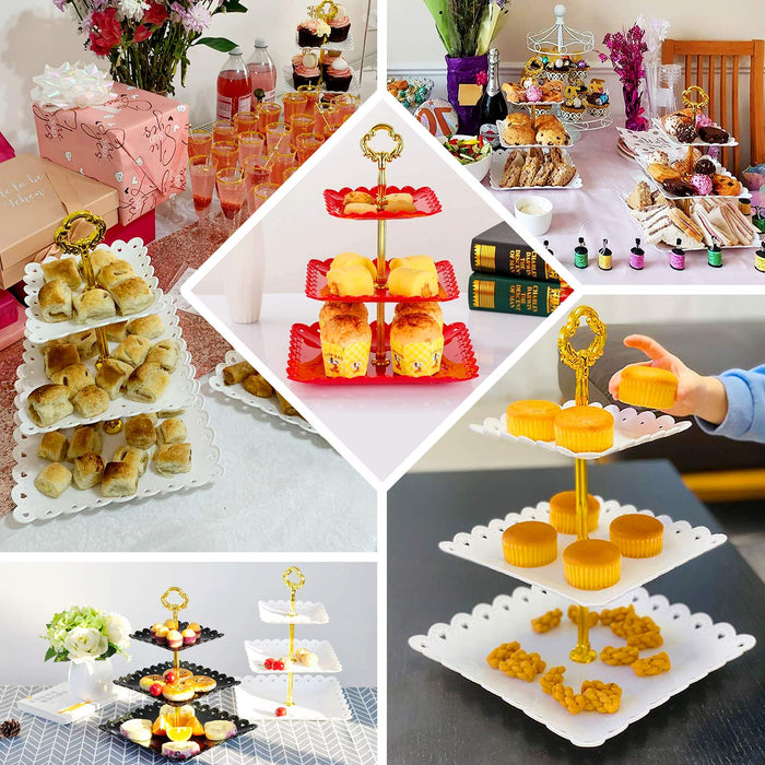 Black and gold 3-tier cupcake stand with heart wavy edges, perfect for desserts.
