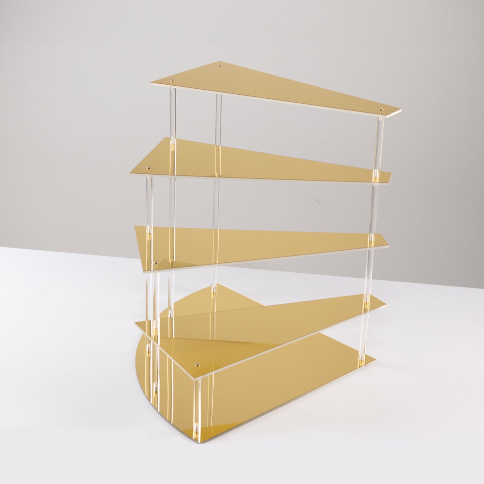 Gold spiral acrylic cupcake stand with mirror finish, 17" tall.