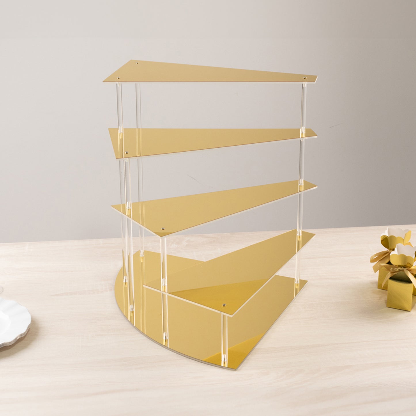 Gold acrylic cupcake stand with a mirror finish, 17" tall, 4-tier design.