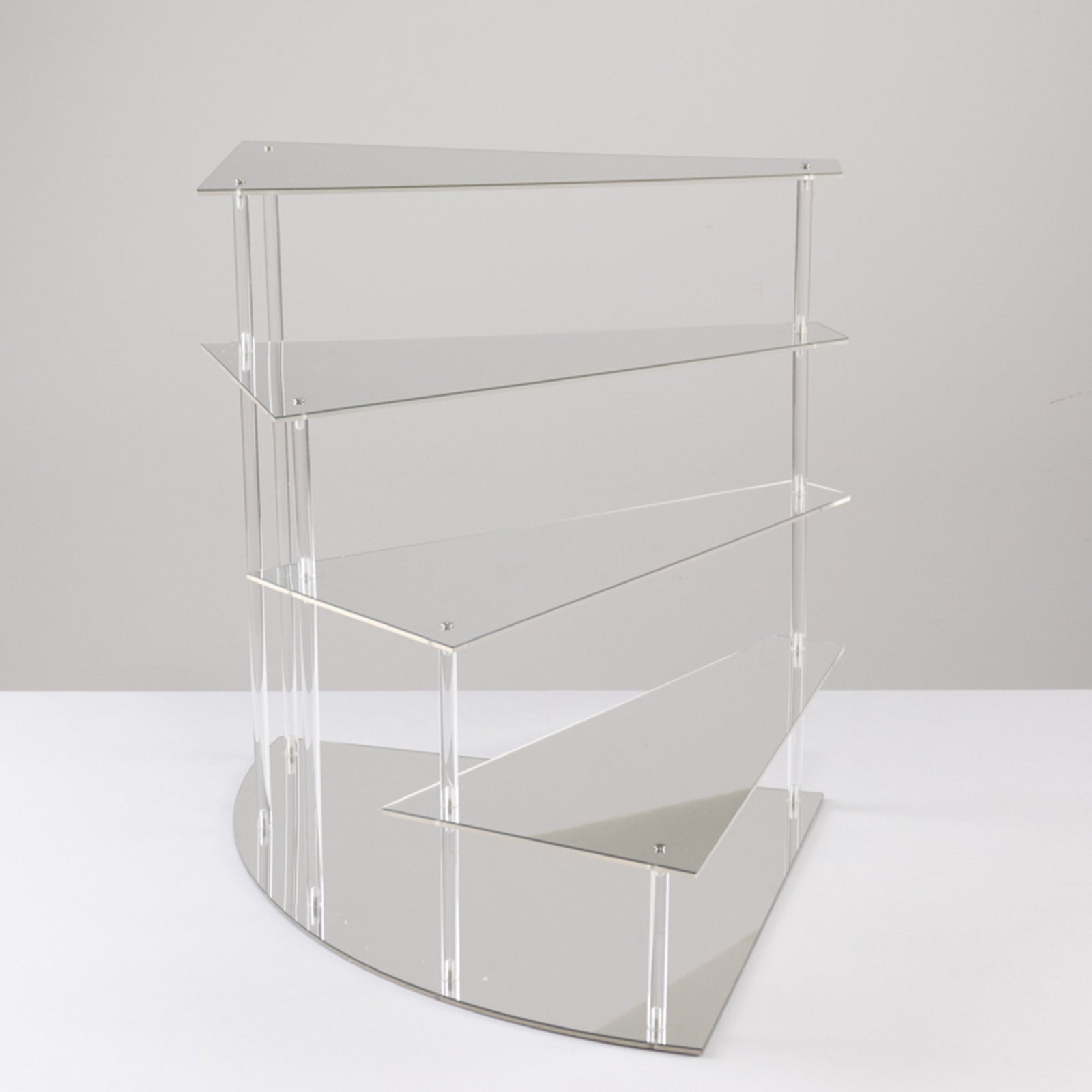 Silver spiral acrylic cupcake stand with mirror finish, 17" tall.