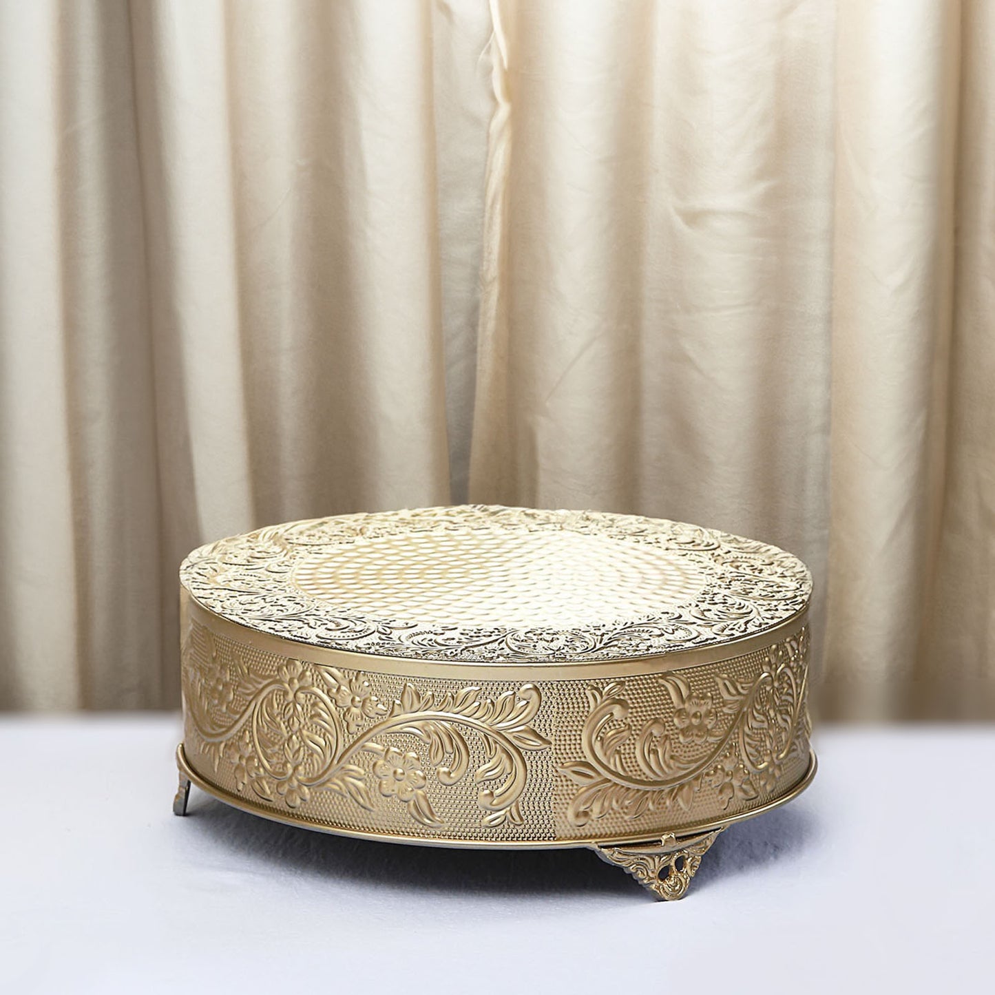 14" Round Gold Embossed Cake Stand Riser, Matte Metal Cake Pedestal