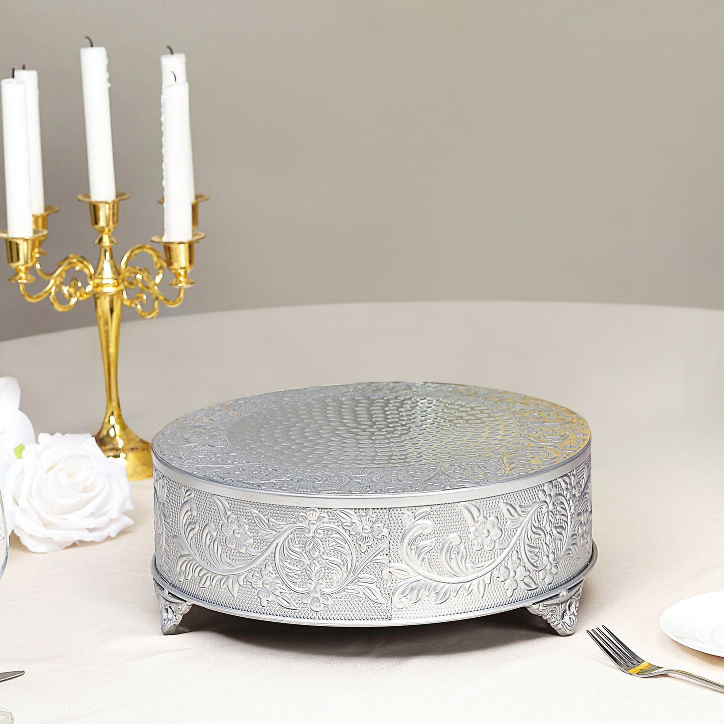 14" Round Silver Embossed Cake Stand Riser, Matte Metal Cake Pedestal