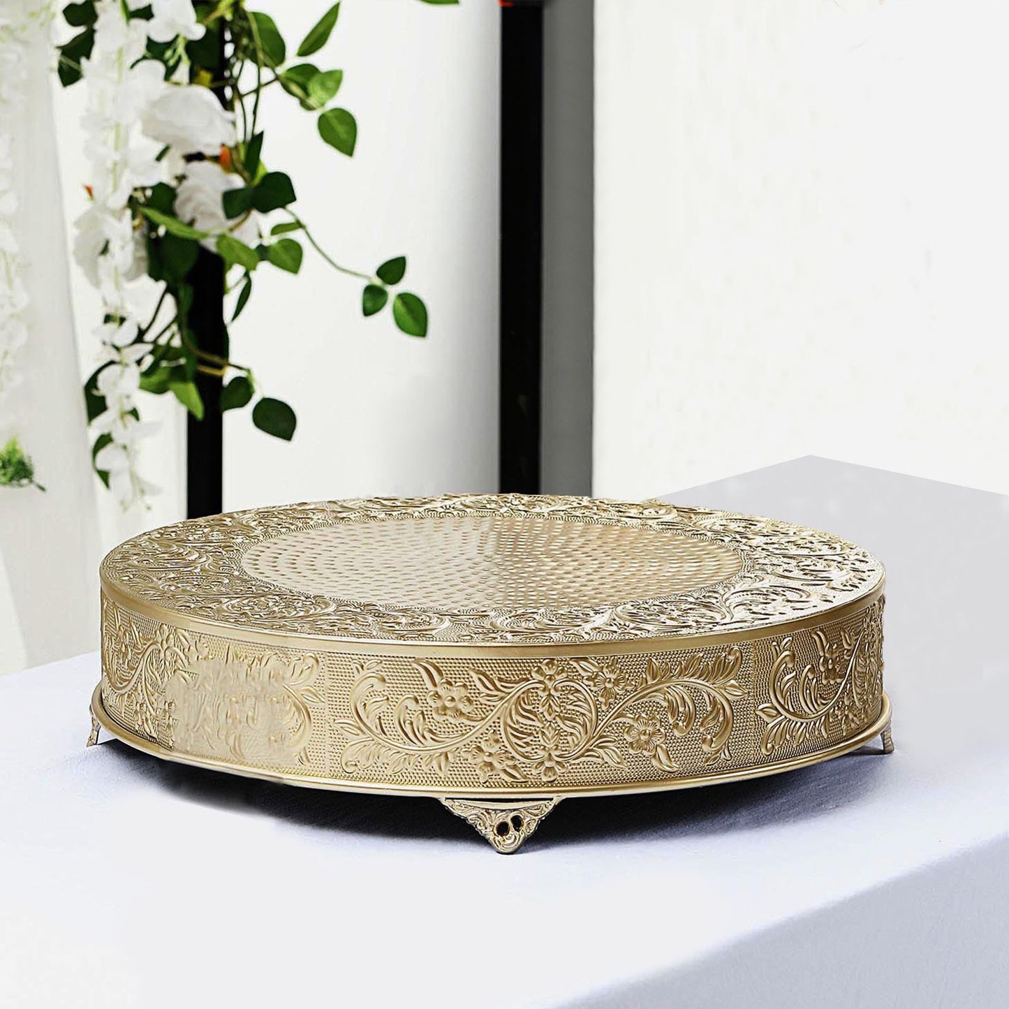 22" Round Gold Embossed Cake Stand Riser, Matte Metal Cake Pedestal