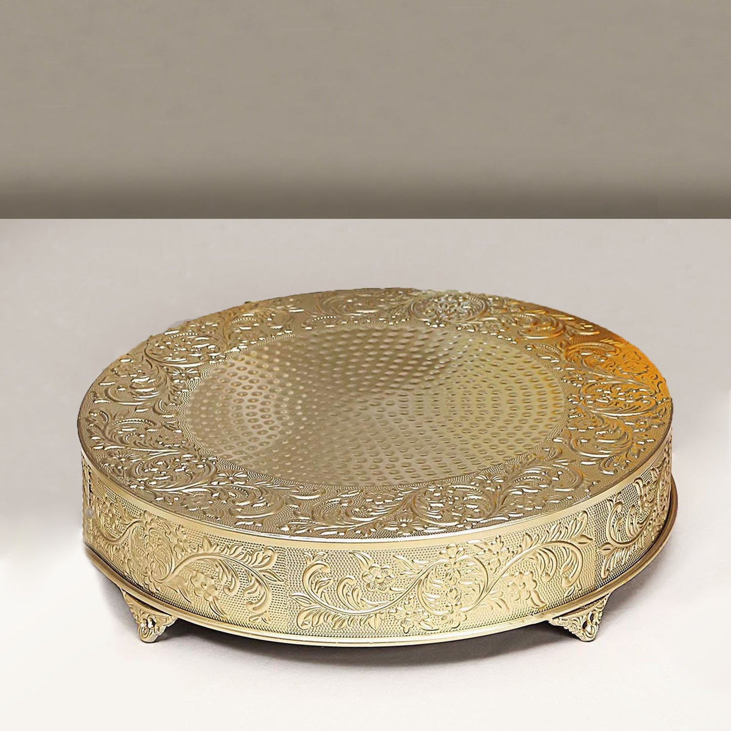 22" Round Gold Embossed Cake Stand Riser, Matte Metal Cake Pedestal