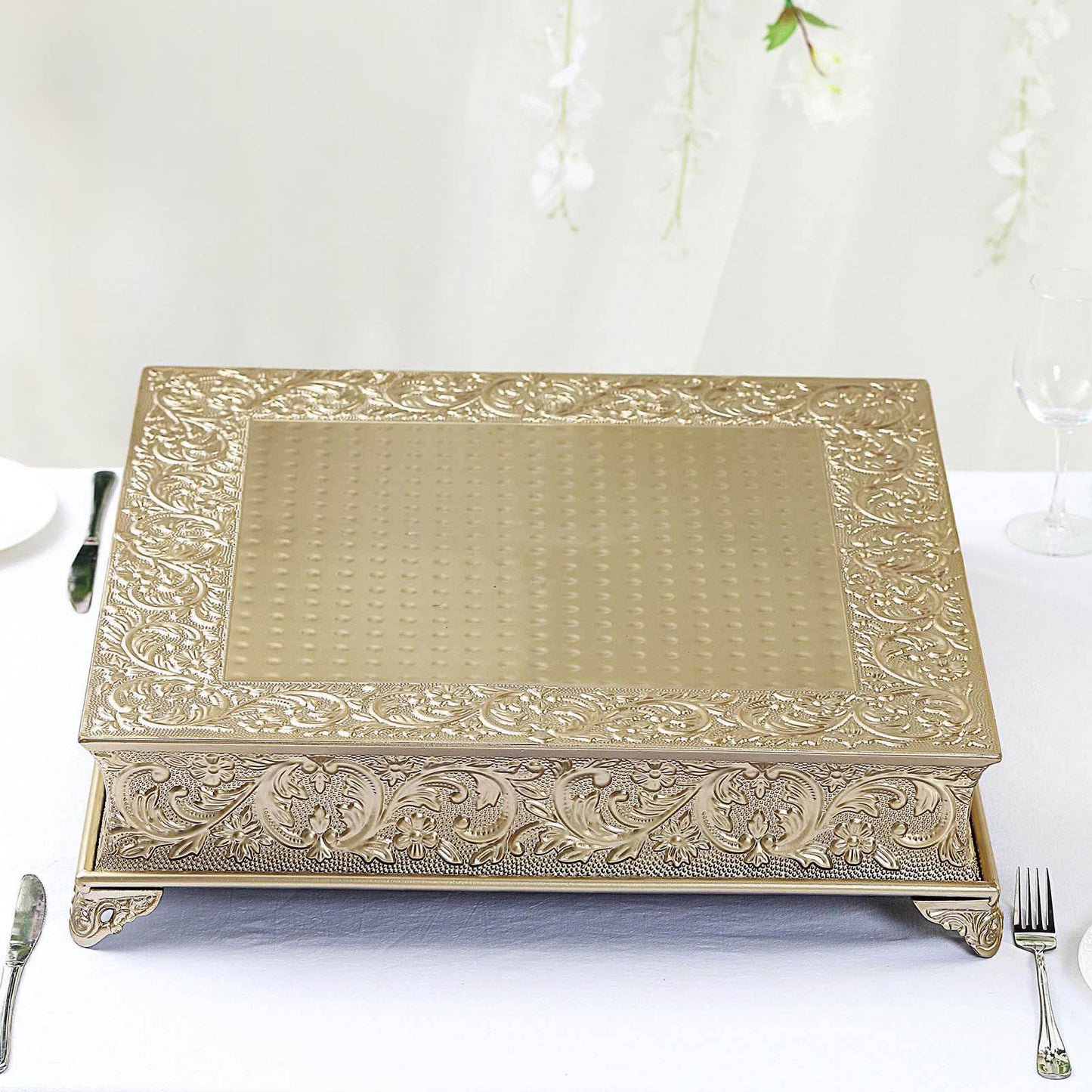 22" Square Gold Embossed Cake Pedestal, Metal Cake Stand Cake Riser