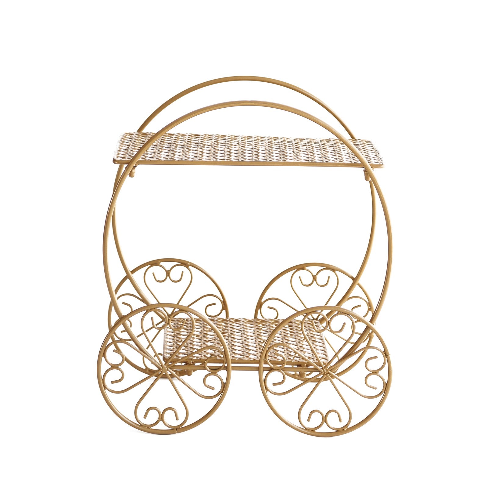14" tall gold metal Cinderella carriage wedding cake stand, 2-tier design.