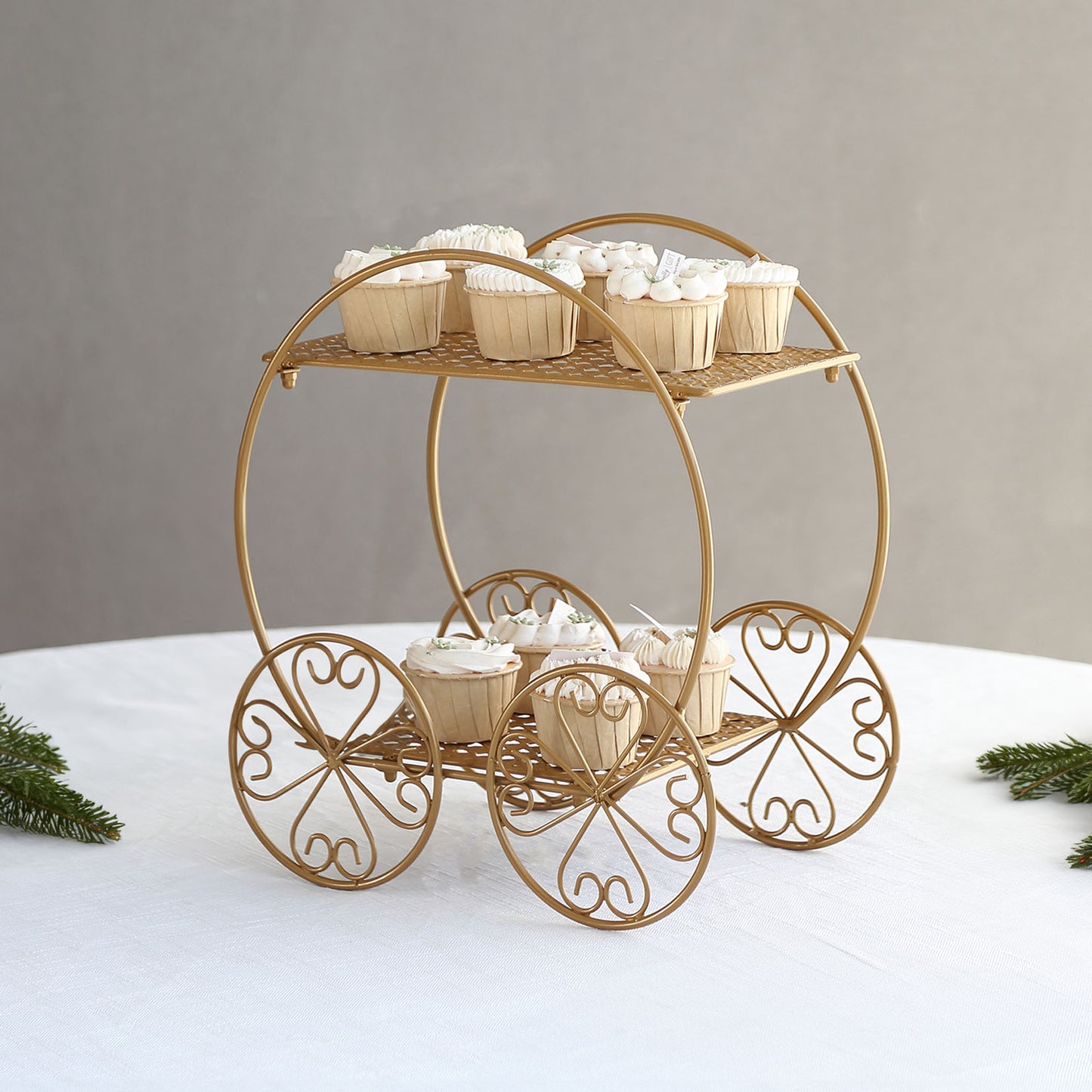 Gold 14" tall Cinderella carriage cupcake stand for weddings and parties.