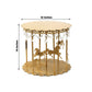 Gold carousel cake stand with hanging acrylic beads, perfect for desserts and cupcakes.