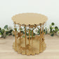 Gold carousel cake stand with hanging acrylic beads for dessert display.