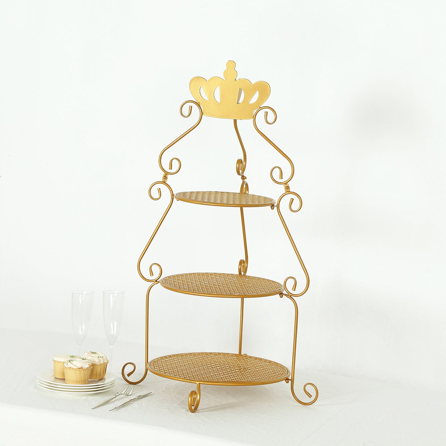 3 Tier Round Gold Metal Cupcake Stand with Crown Top, 32" Tall Dessert Display Cake Stand