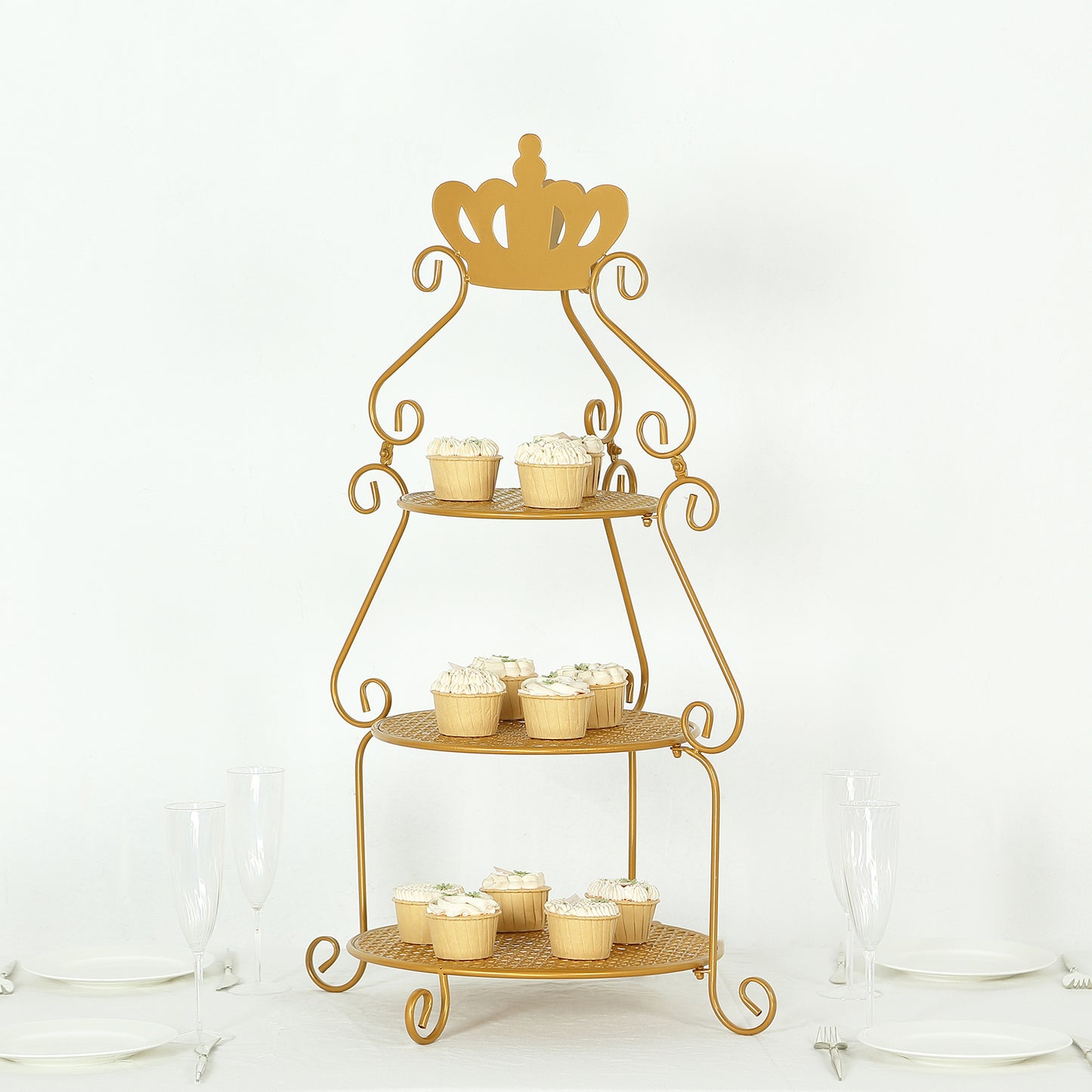 3 Tier Round Gold Metal Cupcake Stand with Crown Top, 32" Tall Dessert Display Cake Stand