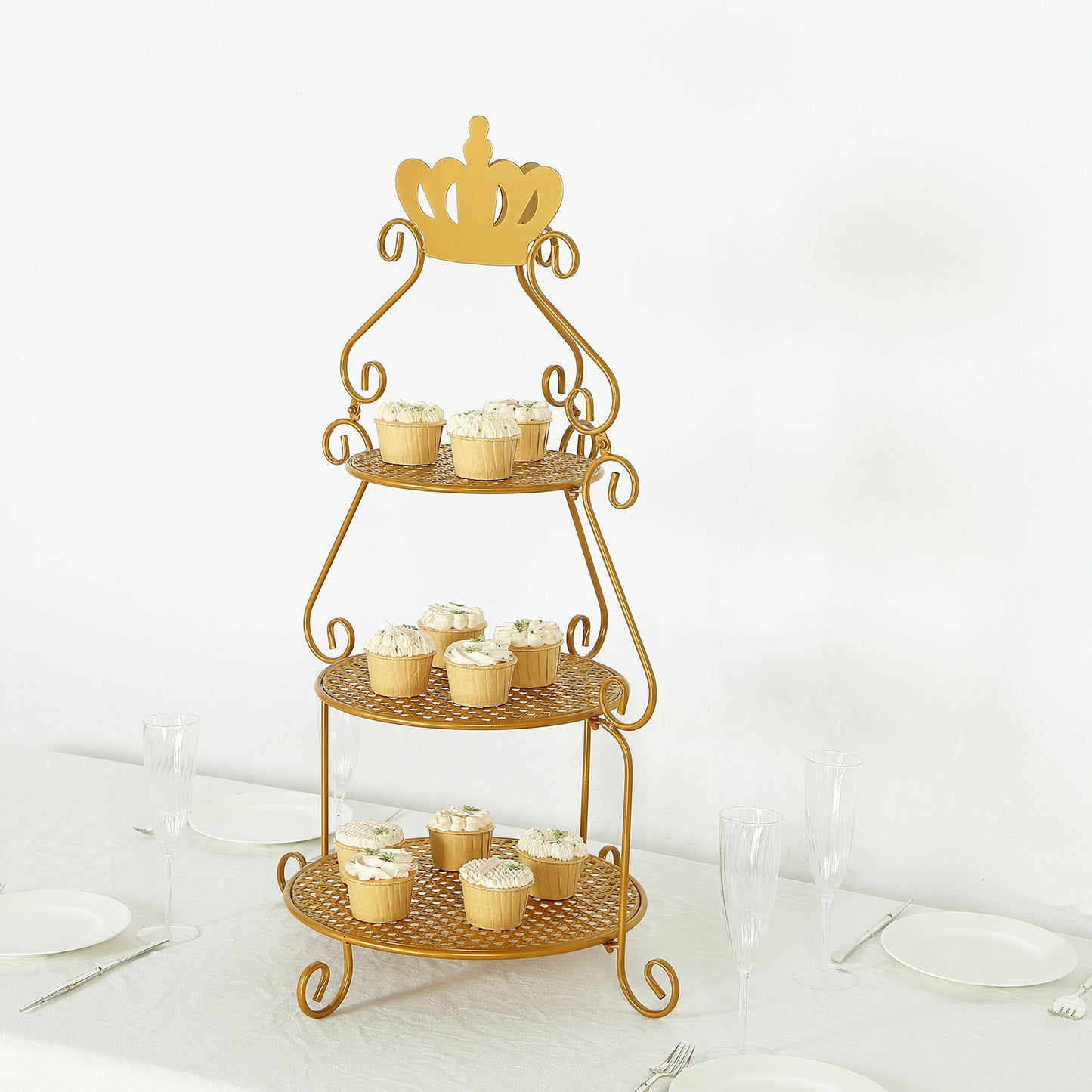 3 Tier Round Gold Metal Cupcake Stand with Crown Top, 32" Tall Dessert Display Cake Stand