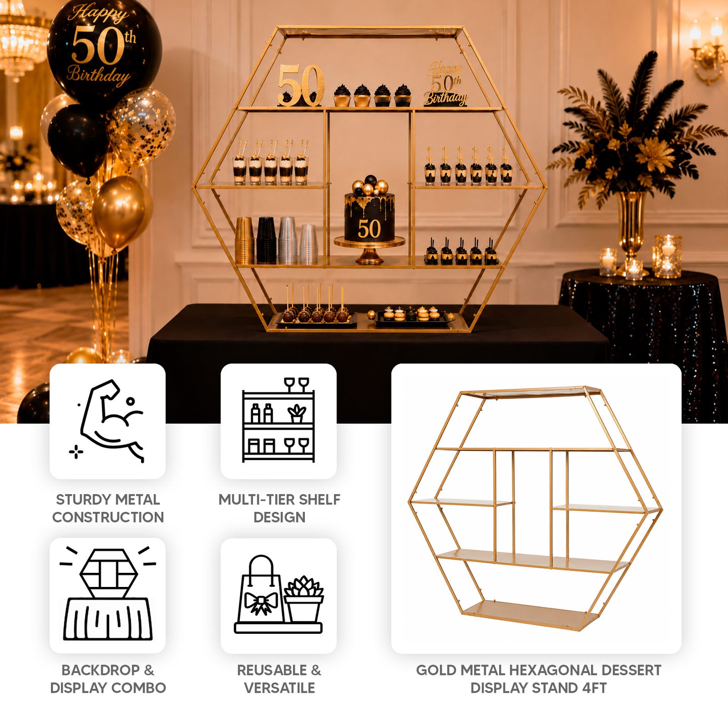 4ft Large Gold Metal Hexagonal Cake Dessert Display Stand, Wedding Arch Backdrop, Balloons Rack, Mod