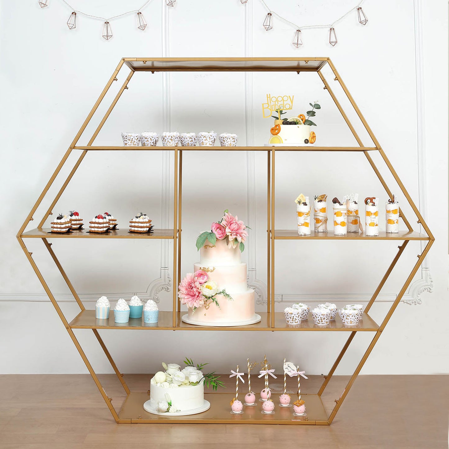 4ft Large Gold Metal Hexagonal Cake Dessert Display Stand, Wedding Arch Backdrop, Balloons Rack, Modern Bookcase