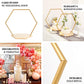 Gold hexagon metal floral hoop cake stand with wooden base.