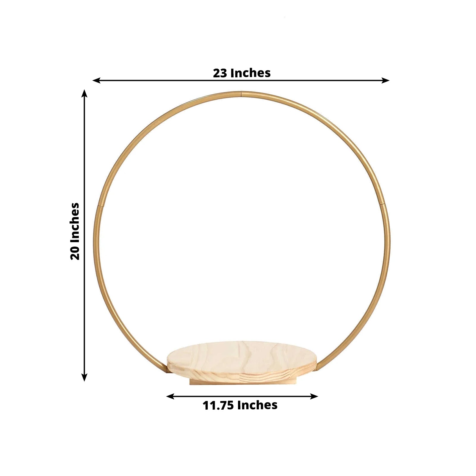 Gold floral hoop cake stand with wooden base, 20 inches diameter.