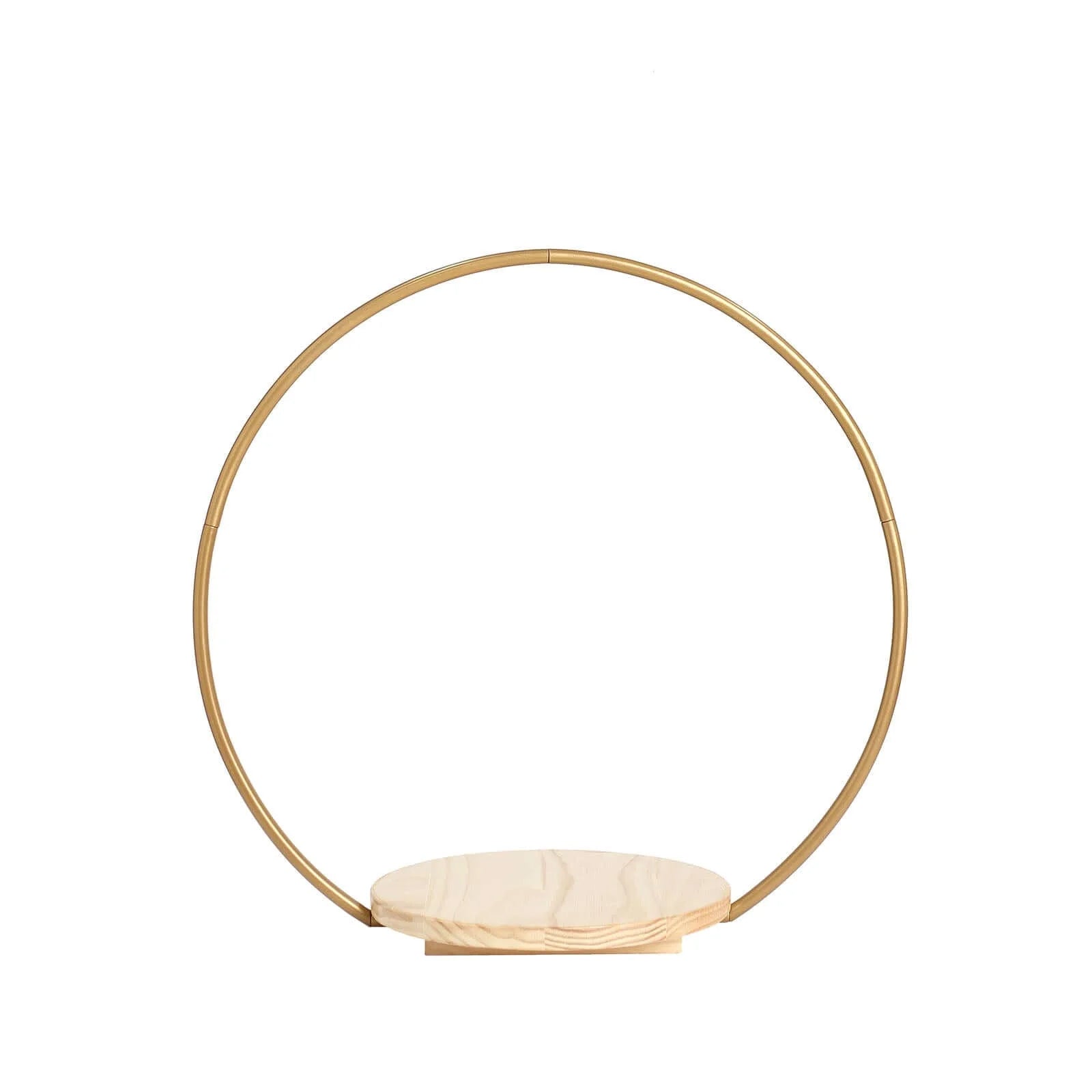 Gold round metal floral hoop cake stand with wooden base. #whtbkgd