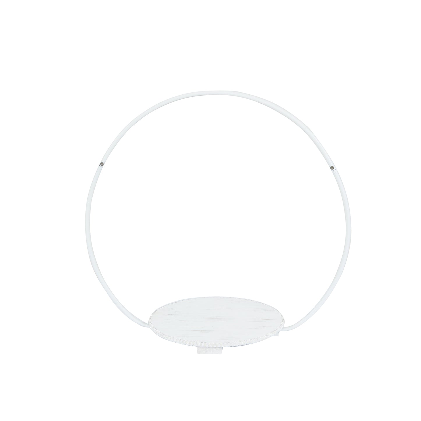 Whitewash metal floral hoop cake stand with beaded wooden base.