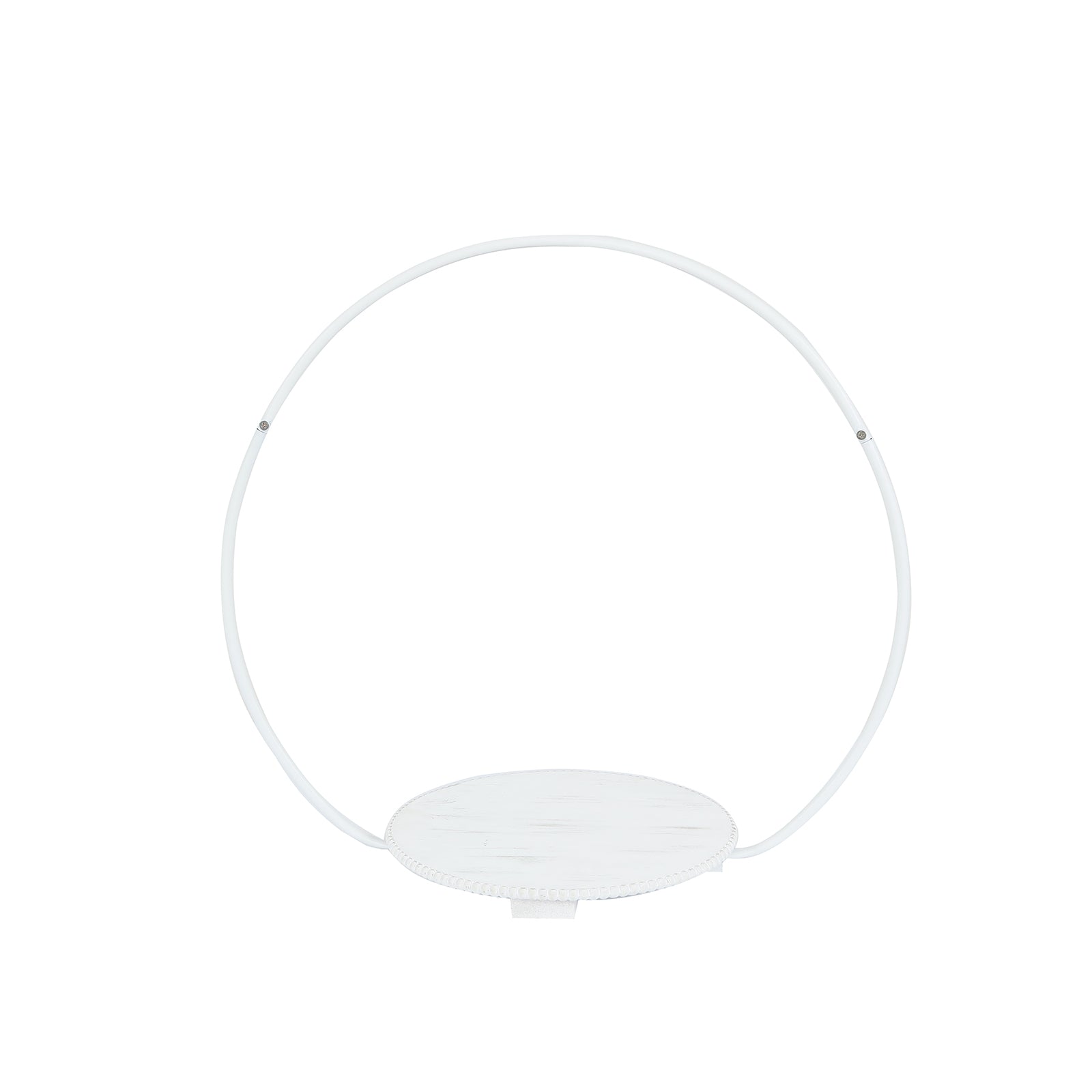 Whitewash metal floral hoop cake stand with beaded wooden base.