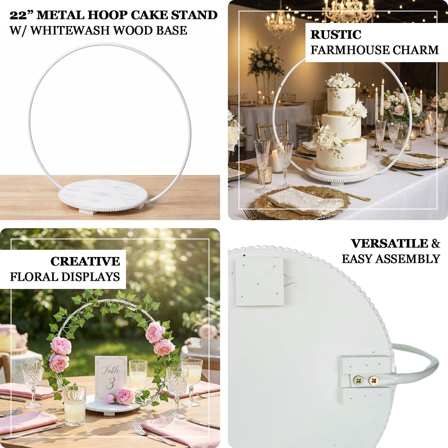 Whitewash metal round floral hoop cake stand for dessert display and table decoration.