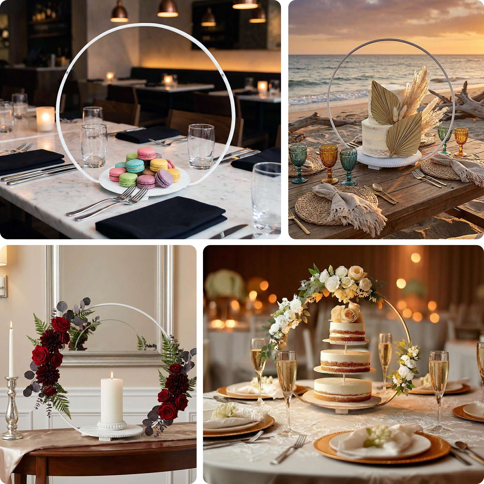 Whitewashed metal floral hoop cake stand with beaded wooden base.