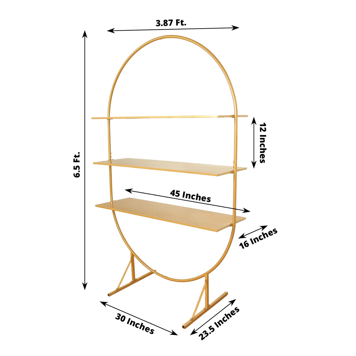 6.5ft gold metal arch cake display stand with three tiers for desserts.