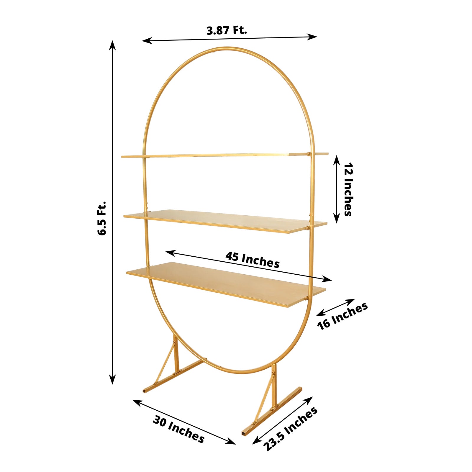 6.5ft gold metal arch cake display stand with three tiers for desserts.