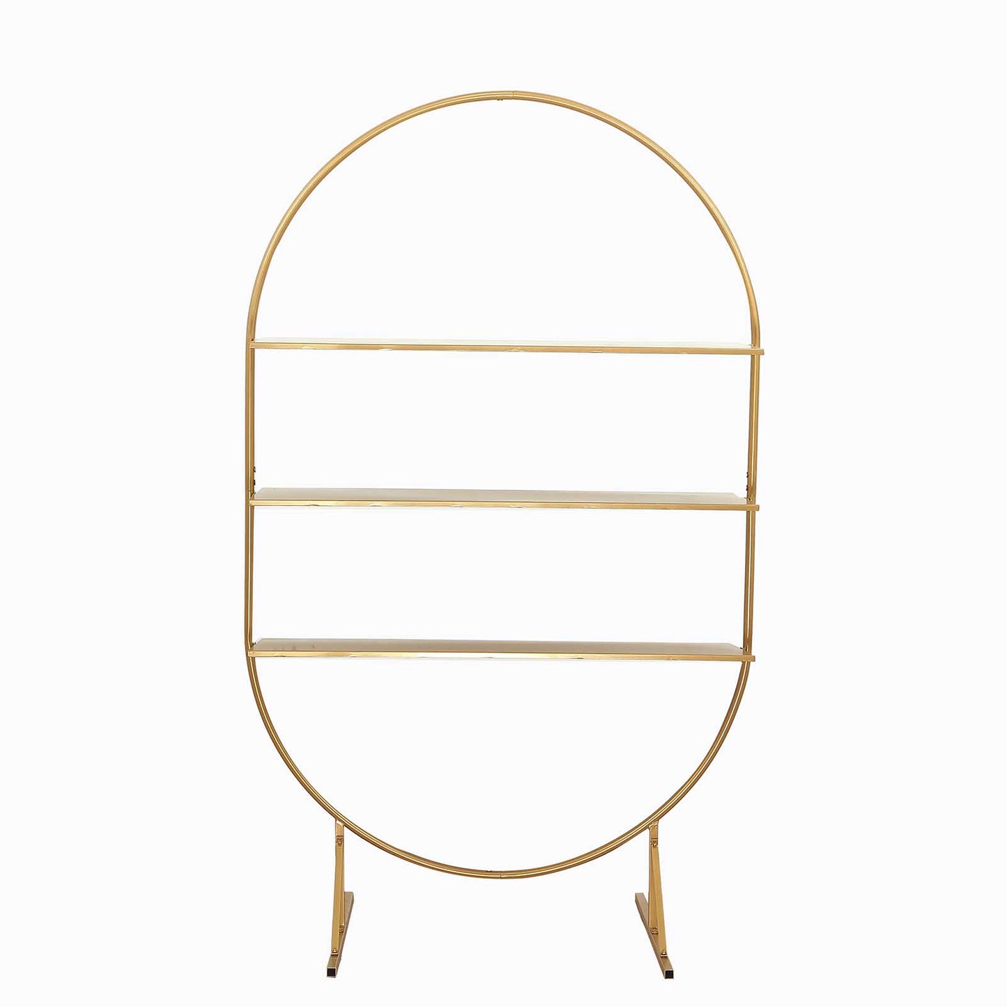 Gold metal arch cake display stand with three tiers for desserts.