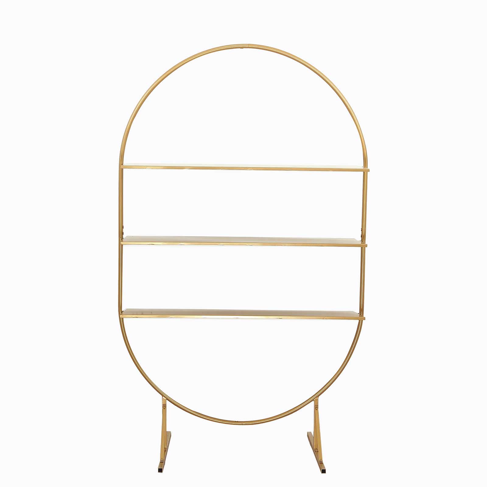 Gold metal arch cake display stand with three tiers for desserts.